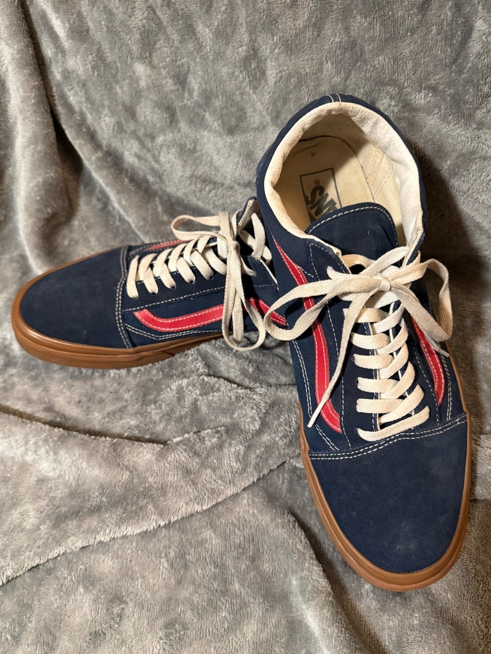 Vans Old Skool Men's Red, White, and Navy Suede Sneakers with a gum Sole - Sz 13